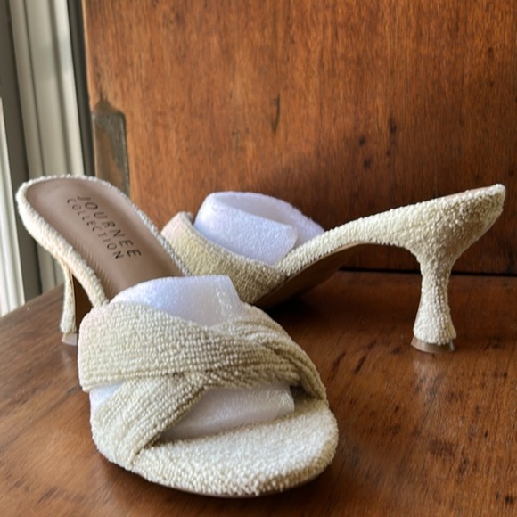 Terry Cloth Tan Women's Heels Kitten Heels Preppy Open Toe Sandals Toweling 2025 - Picture 6 of 15